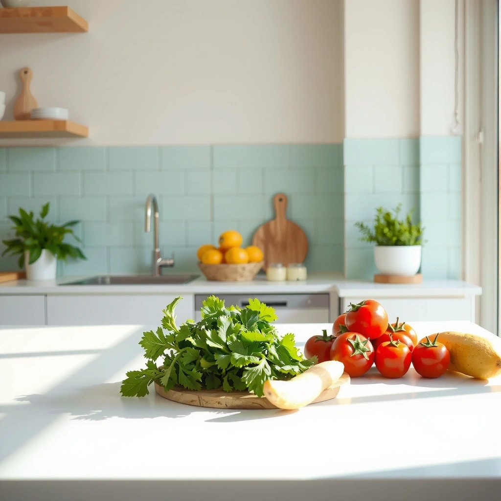 Cuisine lumineuse avec ingrédients frais pour une alimentation saine